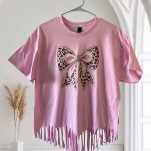 Handcrafted Leopard Bow Fringe Top - Size Large Rodeo Ready Cowgirl Coquette Tee